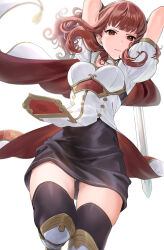 Rule 34 | 1girl, armor, arms up, black skirt, breastplate, cape, celica (fire emblem), fire emblem, fire emblem echoes: shadows of valentia, from below, gluteal fold, haru (nakajou-28), holding, holding sword, holding weapon, leg armor, looking at viewer, medium hair, nintendo, puffy short sleeves, puffy sleeves, red cape, red eyes, red hair, shirt, short sleeves, skirt, solo, sword, sword behind back, thighhighs, thighs, v-shaped eyebrows, weapon, white shirt