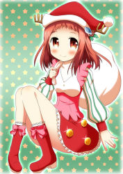 Rule 34 | 1girl, antlers, blush, boots, brown eyes, brown hair, buttons, c:, fish hair ornament, hair ornament, harumi kajika, hat, holly, holly hair ornament, horns, looking at viewer, minami (colorful palette), mistletoe, ribbon, sack, santa hat, short hair, sitting, smile, solo, tokyo 7th sisters