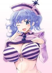 Rule 34 | 1girl, blue eyes, blue hair, bra, breasts, cleavage, hat, highres, huge breasts, jyaoh0731, large breasts, long sleeves, looking at viewer, merlin prismriver, one eye closed, open mouth, pink hat, short hair, simple background, smile, solo, striped bra, striped clothes, touhou, underwear, upper body, white background