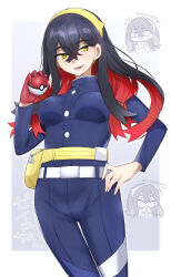 Rule 34 | 1girl, absurdres, belt, belt buckle, black hair, blue jacket, blue pants, breasts, buckle, buttons, carmine (pokemon), chibi, chibi inset, commentary request, creatures (company), crossed bangs, eyelashes, fanny pack, game freak, gloves, hairband, hand on own hip, hand up, highres, holding, holding poke ball, jacket, kakizato, long hair, medium breasts, multicolored hair, multiple views, nintendo, pants, poke ball, poke ball (basic), pokemon, pokemon sv, red gloves, red hair, single glove, smile, two-tone hair, white belt, yellow bag, yellow eyes, yellow hairband