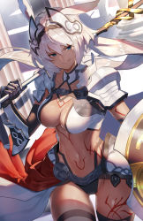Rule 34 | 1girl, absurdres, animal ears, armor, bikini, black thighhighs, body markings, breasts, caenis (fate), dark-skinned female, dark skin, fate/grand order, fate (series), faulds, gloves, hair intakes, headpiece, highleg, highleg bikini, highres, large breasts, long hair, looking at viewer, navel, pauldrons, polearm, scottie (phantom2), shield, shoulder armor, smile, solo, spear, swimsuit, tattoo, thigh strap, thighhighs, thighs, waist cape, weapon