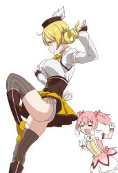 Rule 34 | 2girls, arm up, blonde hair, blush, boots, bouncing breasts, bow, breasts, breath, closed eyes, closed mouth, commentary request, detached sleeves, drill hair, from side, gloves, hair bow, hat, homura shinji, jewelry, kaname madoka, knee boots, large breasts, leg up, long sleeves, mahou shoujo madoka magica, mahou shoujo madoka magica (anime), multiple girls, necklace, nose blush, open mouth, panties, pink bow, pink hair, profile, short sleeves, side-tie panties, simple background, smile, standing, standing on one leg, striped clothes, striped thighhighs, thighhighs, tomoe mami, twintails, underwear, vertical-striped clothes, vertical-striped thighhighs, white background, white gloves, white panties, yellow eyes