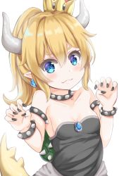 Rule 34 | 1girl, :3, aged down, bare shoulders, black dress, black nails, blue eyes, blush, bowsette, bracelet, breasts, claw pose, closed mouth, collar, crown, dress, earrings, fang, fang out, fingernails, hair between eyes, hands up, head tilt, horns, jewelry, keiran (ryo170), long hair, looking at viewer, mario (series), mini crown, nail polish, new super mario bros. u deluxe, nintendo, pointy ears, ponytail, simple background, small breasts, solo, spiked bracelet, spiked collar, spiked shell, spiked tail, spikes, strapless, strapless dress, super crown, tail, tail raised, turtle shell, white background