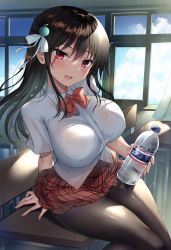 Rule 34 | 1girl, :d, black hair, black pantyhose, blue sky, blush, bottle, bra visible through clothes, breasts, chair, classroom, collared shirt, commentary, curtains, day, desk, hair ribbon, highres, holding, holding bottle, large breasts, lower teeth only, medium hair, on desk, open mouth, original, pantyhose, pleated skirt, red eyes, red neckwear, red skirt, ribbon, sanshoku amido, school chair, school desk, school uniform, see-through, shirt, short sleeves, sitting, on desk, skirt, sky, smile, solo, taut clothes, taut shirt, teeth, water bottle, white shirt, window