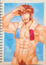 Rule 34 | 1boy, alternate facial hair, alternate hairstyle, bad id, bad twitter id, bara, brown hair, bulge, cowboy shot, cross scar, facial hair, fate/grand order, fate (series), goatee, hand on own head, highres, long sideburns, male focus, male pubic hair, mature male, messy hair, muscular, muscular male, naked towel, napoleon bonaparte (fate), nude, partially unbuttoned, pectorals, pubic hair, scar, scar on chest, short hair, sideburns, solo, towel, towel around neck, traditional media, wet, yaekaidou