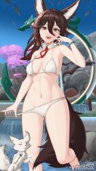 1girl absurdres animal_ears bare_shoulders bikini bikini_bottom_pull bracelet breasts brown_hair cameltoe collarbone fox fox_ears fox_girl fox_tail gluteal_fold green_eyes hair_between_eyes highres honkai:_star_rail honkai_(series) jewelry large_breasts long_hair looking_at_viewer navel sembem smile solo standing swimsuit tail thighs tingyun_(honkai:_star_rail) white_bikini