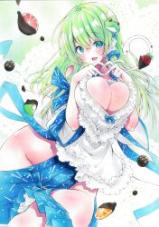 Rule 34 | 1girl, absurdres, aqua eyes, arim0k0, blush, breasts, cleavage, clothing cutout, commentary, food, frog hair ornament, fruit, green background, groin, hair ornament, hair tubes, heart, heart cutout, heart hands, highres, huge breasts, kiwi (fruit), kochiya sanae, looking at viewer, open mouth, orange (fruit), snake hair ornament, solo, strawberry, touhou, wide sleeves, wrist cuffs