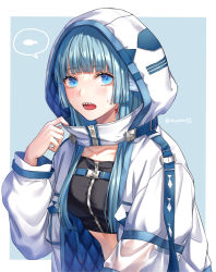 Rule 34 | 1girl, aqua hair, bad id, bad twitter id, black shirt, blouse, blue eyes, breasts, crop top, fins, hand up, head fins, highres, hood, hooded jacket, jacket, long hair, long sleeves, looking at viewer, medium breasts, midriff, open clothes, open jacket, open mouth, original, see-through, see-through sleeves, sharp teeth, shirt, solo, soyubee, strap, sweat, teeth, upper body, white jacket