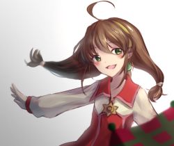 Rule 34 | 1girl, ahoge, blush, brown hair, cape, dress, green eyes, hairband, lilka eleniak, long hair, looking at viewer, low-tied long hair, open mouth, simple background, smile, solo, tamae (pixiv40276), twintails, umbrella, wild arms, wild arms 2
