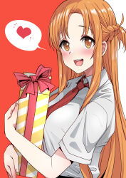Rule 34 | 1girl, :d, asuna (sao), blush, braid, breasts, collared shirt, crown braid, female focus, from side, gift, h2o (ddks2923), heart, highres, holding, holding gift, large breasts, long hair, looking at viewer, necktie, hugging object, open mouth, orange eyes, orange hair, parted bangs, red background, red necktie, shirt, short sleeves, smile, solo, spoken heart, sword art online, upper body, white background, white shirt