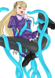 Rule 34 | 1girl, arms behind back, bad anatomy, black pantyhose, blonde hair, bow, breasts, bun cover, capcom, capcom fighting jam, crotch rub, artistic error, fang, gloves, grabbing another&#039;s hair, hair ornament, hairpods, highres, imminent rape, ingrid (capcom), long hair, medium breasts, miniskirt, one eye closed, open mouth, panties, panties under pantyhose, pantyhose, red eyes, restrained, shoes, skirt, solo, spread legs, tears, tentacles, tetsu (kimuchi), underwear, wince, wink