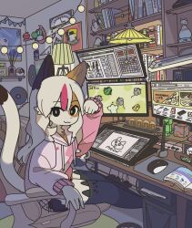 Rule 34 | 1girl, :3, animal crossing, animal ears, black eyes, black thighhighs, boo (mario), book, bright pupils, calico, cat ears, cat girl, cat tail, chair, clock, computer, creeper, desk, drawing tablet, drawstring, figure, furry, furry female, highres, hood, hood down, hoodie, indoors, k.k. slider (animal crossing), lamp, long hair, looking at viewer, mario (series), mike no hito, minecraft, minesweeper, monitor, multicolored hair, multiple monitors, nintendo, nixie tube, original, paw pose, pink hoodie, poster (object), radio, record, red hair, shelf, sitting, solo, string of light bulbs, stylus, swivel chair, tail, thighhighs, usb hub, white hair, white pupils, yoshi