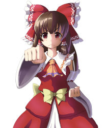 Rule 34 | 1girl, ascot, bad id, bad pixiv id, blush, bow, brown hair, cookie (touhou), detached sleeves, hair bow, hair tubes, hakurei reimu, kanna (cookie), long hair, looking at viewer, majin (marcia), perspective, red eyes, simple background, solo, touhou, white background, wide sleeves