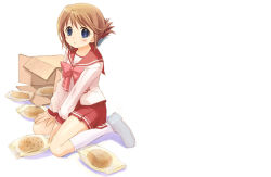 Rule 34 | 00s, 1girl, :o, blue eyes, blush, box, bread, brown hair, carton, folded ponytail, food, kneeling, komaki manaka, long sleeves, looking at viewer, package, parted lips, red skirt, shoes, simple background, sitting, skirt, socks, solo, tears, to heart (series), to heart 2, white background
