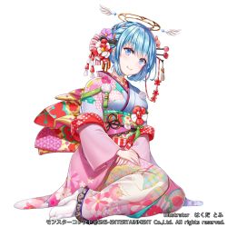 Rule 34 | 1girl, :d, angel, angel wings, blue eyes, blue hair, blush, breasts, character request, company name, fantasy, floral print, flower, full body, hair ornament, hakuda tofu, halo, hands on lap, highres, japanese clothes, kimono, long sleeves, looking at viewer, monster collect, new year, obi, official art, open mouth, own hands together, sandals, sash, short hair, sitting, smile, snow, socks, solo, tabi, watermark, white socks, wide sleeves, wings, yokozuwari