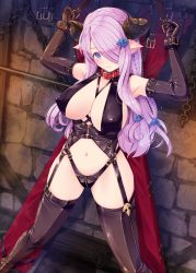 Rule 34 | 1girl, armpits, arms up, bdsm, belt, belt collar, black gloves, black thighhighs, blue eyes, blush, bondage, bondage outfit, bound, braid, breasts, chain, cleavage, closed mouth, collar, draph, dungeon, elbow gloves, gloves, granblue fantasy, hair ornament, hair over one eye, horns, kirishima satoshi, large breasts, long hair, looking at viewer, narmaya (granblue fantasy), navel, pointy ears, purple hair, red collar, restrained, revealing clothes, solo, thighhighs, very long hair