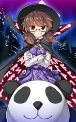 Rule 34 | 1girl, brown eyes, brown hair, cape, chima q, city lights, clothes writing, crossed arms, dress, glasses, hat, highres, looking at viewer, panda, purple dress, red-framed eyewear, shirt, smile, solo, touhou, usami sumireko