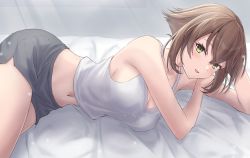 Rule 34 | 1girl, bed sheet, black shorts, blue eyes, blush, breasts, brown hair, cleavage, hair between eyes, highres, kantai collection, large breasts, lying, monoku, mutsu (kancolle), navel, on side, open mouth, short hair, shorts, smile, solo