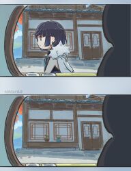 Rule 34 | 1girl, 2koma, artist name, black hair, comic, commentary, day, english commentary, from side, fur-trimmed jacket, fur trim, genshin impact, green eyes, highres, jacket, jacket on shoulders, looking ahead, solo focus, walking, xinzoruo, yelan (genshin impact)