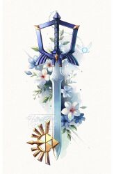 Rule 34 | adapted object, adapted weapon, blue flower, crossover, fairy, flower, highres, hollypolllyy, keyblade, kingdom hearts, master sword, nintendo, no humans, signature, sword, the legend of zelda, triforce, watermark, weapon, white flower