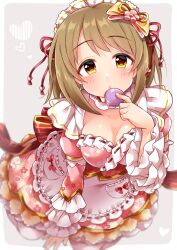 Rule 34 | 1girl, apron, blush, bow, breasts, brown eyes, brown hair, cleavage, dress, food, frilled apron, frilled dress, frilled sleeves, frills, hair ornament, holding, holding food, idolmaster, idolmaster cinderella girls, idolmaster cinderella girls starlight stage, kneeling, large breasts, layered sleeves, long sleeves, looking at viewer, macaron, maid headdress, mimura kanako, parted lips, pocket, puffy sleeves, red ribbon, ribbon, short hair, simple background, solo, trente, white apron