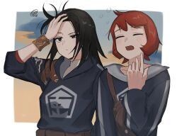 2girls arezu_(pokemon) arm_up bag black_hair blue_hoodie blush brown_bag closed_eyes closed_mouth commentary cowlick creatures_(company) diamond_clan_outfit game_freak grey_eyes hand_on_own_head hand_up highres hood hood_down hoodie long_hair long_sleeves mai_(pokemon) messy_hair mole mole_under_mouth multiple_girls nintendo open_mouth pokemon pokemon_legends:_arceus red_hair short_hair sleepy squeans squiggle symbol-only_commentary tears umebosi_nigame yawning