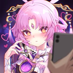 Rule 34 | 1girl, bare shoulders, blush, bow-shaped hair, cellphone, dress, embarrassed, fingernails, forehead jewel, fu xuan (honkai: star rail), hair ornament, hair stick, heart, highres, holding, holding phone, honkai: star rail, honkai (series), hypnosis, jewelry, long hair, looking at viewer, low twintails, mind control, parted bangs, parted lips, phone, pink hair, pink nails, pink tassel, pov, pov hands, smartphone, solo focus, sweat, tassel, tassel hair ornament, twintails, upper body, very long hair, xiao xiao chuan, yellow eyes