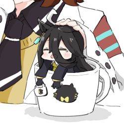 Rule 34 | 2girls, = =, agnes tachyon (umamusume), animal ears, black gloves, black hair, black jacket, black neckwear, black shirt, blush, brown hair, brown neckwear, collared shirt, commentary request, cup, gloves, hair between eyes, headpat, horse ears, in container, in cup, jacket, lab coat, long hair, manhattan cafe (umamusume), mini person, minigirl, mug, multiple girls, name connection, nozo (hitomiz), object namesake, open clothes, out of frame, shirt, simple background, solo focus, sweater vest, tears, umamusume, white background