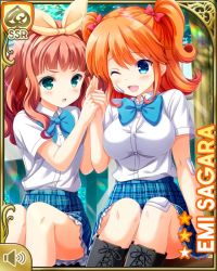Rule 34 | 2girls, :o, annoyed, blue bow, blue eyes, blue skirt, bow, breasts, bruise, card (medium), character name, day, girlfriend (kari), green eyes, hair behind ear, hair ribbon, holding hands, injury, looking at viewer, multiple girls, official art, one eye closed, open mouth, orange hair, outdoors, plaid, plaid skirt, qp:flapper, red bow, red hair, ribbon, saeki marika, sagara emi, school, school uniform, shirt, shoes, sitting, skirt, small breasts, smile, stairs, tagme, thighhighs, tree, twintails, unicycle, v-shaped eyebrows, wavy hair, white shirt, yellow ribbon