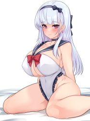 Rule 34 | 1girl, azur lane, bare shoulders, blue sailor collar, blush, bow, bowtie, breasts, cleavage, cleavage cutout, clothing cutout, collarbone, covered navel, dido (azur lane), earrings, hairband, highleg, highleg swimsuit, highres, huge breasts, jewelry, long hair, looking at viewer, one-piece swimsuit, purple eyes, sailor collar, sitting, smile, solo, swimsuit, thighs, upanishi mariko, wariza, white hair, white one-piece swimsuit