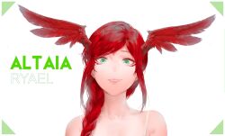 Rule 34 | 1girl, altaia (reyrah), braid, character name, commission, green eyes, hair over shoulder, head wings, highres, keibleh, looking at viewer, original, red hair, smile, solo, spaghetti strap, upper body, wings