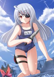 Rule 34 | 10s, 1girl, ahoge, arm support, blurry, caustics, cloud, collarbone, day, depth of field, eyepatch, highres, holding, holster, infinite stratos, kazenokaze, kneeling, knife, laura bodewig, long hair, looking at viewer, name tag, nichijou, one-piece swimsuit, poolside, red eyes, sakamoto (nichijou), school swimsuit, silver hair, sky, solo, swimsuit, thigh gap, thigh holster, wet