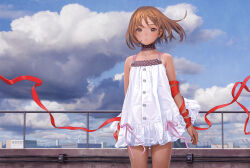 Rule 34 | 1girl, bare shoulders, blue sky, blurry, blurry background, brown eyes, brown hair, choker, closed mouth, cloud, cowboy shot, day, depth of field, dress, highres, looking at viewer, murata range, original, outdoors, photo background, railing, red ribbon, reflection, ribbon, short dress, short hair, sky, solo, standing, string, string of fate, white dress