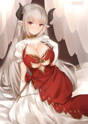 Rule 34 | 10s, 1girl, alicia (granblue fantasy), artist name, blush, breasts, center opening, cleavage, cross, cross earrings, draph, dress, earrings, gloves, granblue fantasy, highres, horns, jewelry, large breasts, long hair, looking at viewer, pointy ears, red eyes, silver hair, sitting, smile, solo, very long hair, white gloves, yaman (yamanta lov)