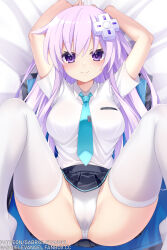 Rule 34 | 1girl, arms up, blue necktie, blue skirt, blush, breasts, choujigen game neptune, d-pad, d-pad hair ornament, gabriel evangel, hair ornament, highres, jacket, large breasts, long hair, looking at viewer, necktie, nepgear, neptune (series), open clothes, open jacket, panties, purple eyes, purple hair, shirt, skirt, smile, spread legs, thighhighs, underwear, white panties, white shirt, white thighhighs