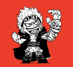 Rule 34 | 1boy, abs, arm up, belt, blacknirrow, cape, chibi, clenched hand, collarbone, eustass kid, eyewear on head, full body, furrowed brow, goggles, hand up, happy, looking to the side, looking up, male focus, mechanical arms, monochrome, multiple belts, one piece, open clothes, open mouth, open shirt, pants, polka dot pants, red background, scar, scar across eye, scar on face, shirt, shoes, short hair, simple background, single mechanical arm, sketch, sleeveless, sleeveless shirt, smile, solo, spiked hair, standing, teeth