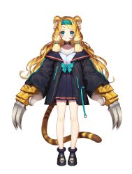 Rule 34 | 1girl, animal ears, blonde hair, blue eyes, blush, braid, busou kanojo, choker, claws, coat, fang, flat chest, full body, headband, headset, highres, long sleeves, nemoto yuuma, open clothes, open coat, shoes, simple background, smile, solo, tail, tiger ears, tiger tail, tora (busou kanojo), virtual youtuber