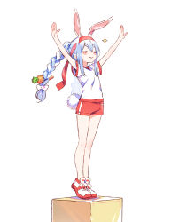 Rule 34 | 1girl, :&gt;, absurdres, alternate costume, ancoloyuki, animal ears, bare legs, blue hair, blush, blush stickers, bow, braid, carrot hair ornament, closed eyes, closed mouth, commentary, flat chest, food-themed hair ornament, full body, gym uniform, hair ornament, hair ribbon, headband, highres, hololive, light blue hair, long hair, multicolored hair, outstretched arms, rabbit ears, rabbit girl, rabbit tail, red shorts, ribbon, shirt, shoes, short shorts, short sleeves, shorts, sidelocks, simple background, smile, smug, solo, sparkle, standing, t-shirt, tail, thick eyebrows, tiptoes, tress ribbon, twin braids, twintails, two-tone hair, usada pekora, virtual youtuber, white background, white bow, white footwear, white hair, white shirt, winner&#039;s platform
