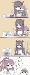 Rule 34 | &gt; &lt;, +++, 4girls, 4koma, :d, anchor, anchor hair ornament, blush, breast pocket, breasts, chair, chibi, closed eyes, closed mouth, coat, comic, commentary request, cup, desk, eating, glasses, gloves, greyscale, hair between eyes, hair ornament, hat, headgear, highres, holding, holding paper, holding quill, kantai collection, long hair, low twintails, machinery, military hat, monochrome, motion lines, multiple girls, nagato (kancolle), nami nami (belphegor-5812), necktie, one side up, open mouth, operation crossroads, paper, partially fingerless gloves, peaked cap, pile of books, pocket, prinz eugen (kancolle), quill, remodel (kantai collection), sakawa (kancolle), saratoga (kancolle), school uniform, serafuku, short hair, short sleeves, sidelocks, sitting, sleeveless, smile, smokestack hair ornament, speech bubble, spot color, sweat, translated, twintails, wavy mouth, xd