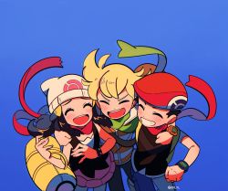 Rule 34 | 1girl, 2boys, arm around shoulder, artist name, bag, barry (pokemon), beanie, blonde hair, blue background, blue pants, blush, chueog, clenched teeth, closed eyes, commentary, creatures (company), dawn (pokemon), duffel bag, game freak, green scarf, hat, highres, lucas (pokemon), multiple boys, nintendo, open mouth, pants, pokemon, pokemon dppt, red headwear, red scarf, scarf, smile, teeth, tongue, watermark, white headwear, yellow bag