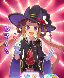 Rule 34 | 1girl, animal ears, blush, brown hair, candy, commentary request, food, gloves, hair rings, hat, highres, horse ears, horse tail, long hair, looking at viewer, nerunerunerune, okken, open mouth, purple eyes, solo, sweep tosho (umamusume), tail, twintails, umamusume, witch hat