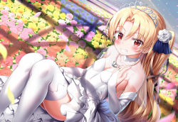 Rule 34 | 1girl, azur lane, bare shoulders, blonde hair, blue flower, blue ribbon, blue rose, blurry, blurry foreground, blush, bridal gauntlets, cleveland (azur lane), collarbone, commentary request, depth of field, dress, flower, grin, hair between eyes, hair flower, hair ornament, hair ribbon, hand on own chest, hand up, highres, jewelry, long hair, necklace, nedia (nedia region), one side up, pearl necklace, petals, pink flower, pink rose, red eyes, ribbon, rose, sitting, smile, solo, strapless, strapless dress, thighhighs, tiara, very long hair, white dress, white flower, white rose, white thighhighs, yellow flower, yellow rose