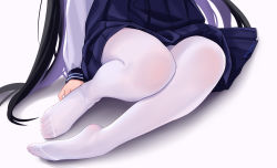 Rule 34 | 1girl, absurdres, allenes, black hair, blue skirt, commentary request, feet, head out of frame, highres, legs, long hair, long sleeves, lower body, no shoes, original, pantyhose, pleated skirt, sitting, skirt, solo, toes, white pantyhose, yokozuwari