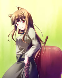 Rule 34 | 00s, animal ears, apple, brown hair, fang, food, fruit, highres, holo, long hair, natsukon, red eyes, solo, spice and wolf, wolf ears