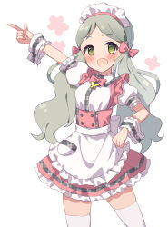 Rule 34 | 1girl, 22nekone, apron, arm up, blush, bow, bowtie, breasts, commentary request, cowboy shot, dot nose, dress, frilled apron, frilled skirt, frills, green eyes, grey hair, hair bow, hand on own hip, handa roco, idolmaster, idolmaster million live!, idolmaster million live! theater days, index finger raised, long hair, looking at viewer, maid headdress, official alternate costume, open mouth, pink bow, pink bowtie, pink dress, puffy short sleeves, puffy sleeves, shirt, short sleeves, skirt, small breasts, smile, solo, thighhighs, thighs, twintails, waist apron, white apron, white background, white shirt, white thighhighs, wrist cuffs, zettai ryouiki