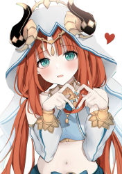 Rule 34 | 1girl, absurdres, aqua eyes, blue nails, blush, brooch, crop top, detached sleeves, forehead jewel, genshin impact, gold trim, heart, heart hands, highres, horns, jewelry, long hair, long sleeves, looking at viewer, low twintails, nail polish, navel, neck ring, nilou (genshin impact), parted bangs, parted lips, pof (peuplierpof), puffy long sleeves, puffy sleeves, sidelocks, simple background, solo, stomach, twintails, upper body, veil, white background