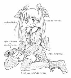 Rule 34 | 1girl, achain (nutshell), boots, bow, frills, greyscale, hair ribbon, hard-translated, monochrome, os-tan, os2-tan, personification, ribbon, sitting, sketch, solo, thighhighs, third-party edit, translated, twintails