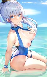 Rule 34 | 1girl, ass, ayaka (genshin impact), blue eyes, blue one-piece swimsuit, blue sky, blunt bangs, blush, breasts, breasts out, chinese commentary, closed mouth, clothes pull, floating hair, from side, genshin impact, hair ornament, hair ribbon, hand on own chest, highres, large breasts, long hair, niduannowu, nipples, one-piece swimsuit, one-piece swimsuit pull, partially submerged, ponytail, ribbon, silver hair, sitting, sky, solo, swimsuit, thigh strap, thighs, tress ribbon, wariza, water, wristband