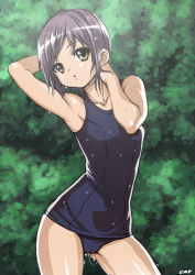 Rule 34 | 1girl, armpits, arms up, blue one-piece swimsuit, breasts, brown eyes, cameltoe, chuunenpi, collarbone, contrapposto, covered erect nipples, nagato yuki, one-piece swimsuit, purple hair, school swimsuit, short hair, small breasts, solo, standing, suzumiya haruhi no yuuutsu, swimsuit, wet, wet hair