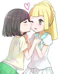 Rule 34 | 2girls, absurdres, blonde hair, blush, braid, closed eyes, closed mouth, commentary request, creatures (company), eyelashes, floral print, game freak, green eyes, green shorts, hands up, heart, highres, holding hands, kiss, lillie (pokemon), multiple girls, nintendo, open mouth, peppedayo ne, pleated skirt, pokemon, pokemon sm, ponytail, selene (pokemon), shirt, short sleeves, shorts, simple background, skirt, smile, white background, white shirt, yellow shirt, yuri